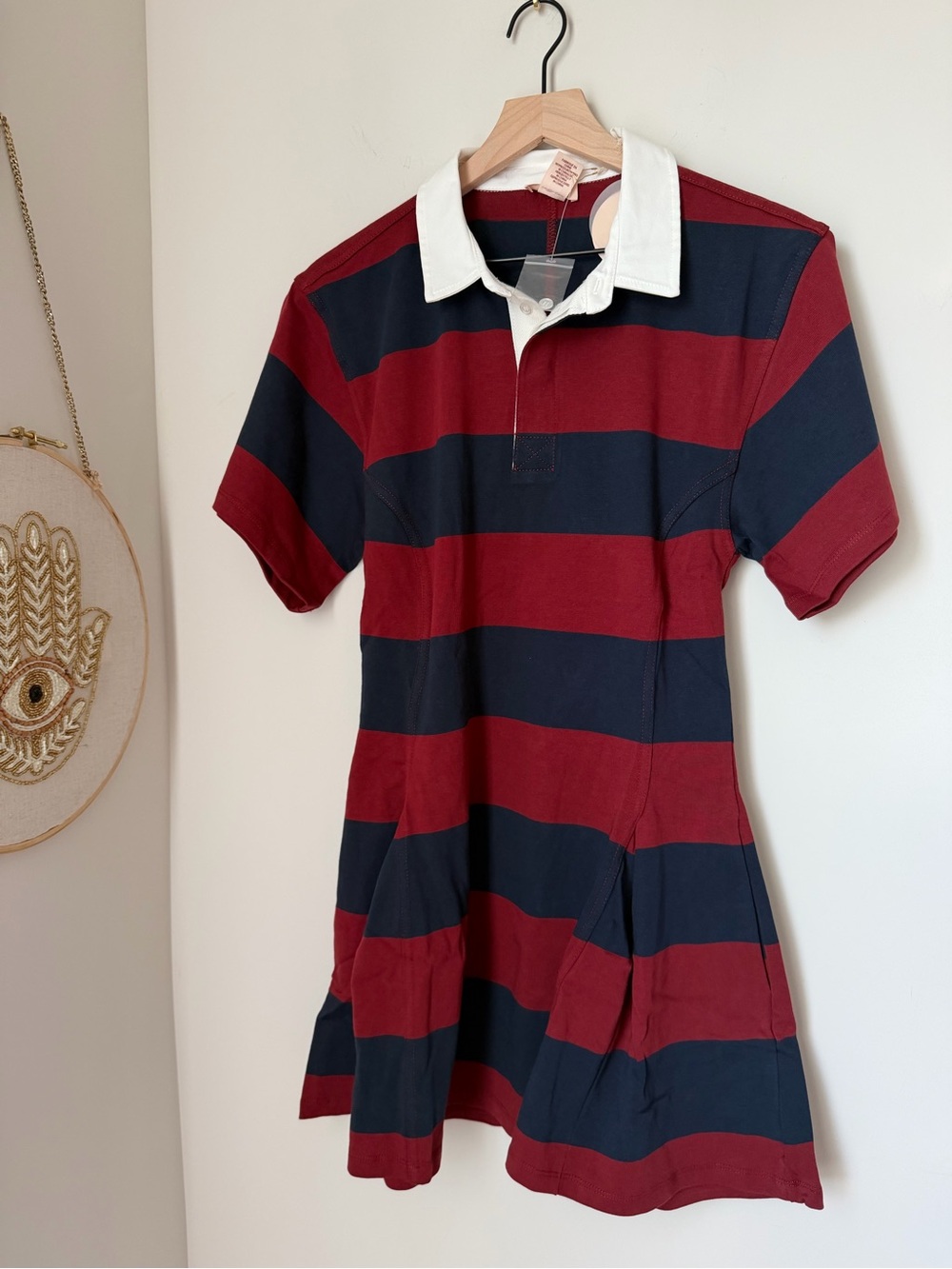 Camila Coelho Burgundy and Navy Striped Polo short sleeve cotton Mini Dress